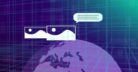 Glowing stylized globe rotating in virtual 3D UI, displaying thumbnails, chat Stock Illustration