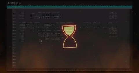Glowing stylized hourglass icon hovering over dark computer terminal display, Illustrazione stock