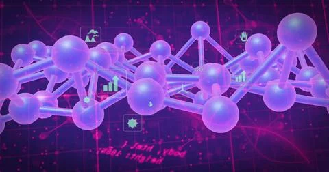 Glowing stylized molecular network spanning 3D lab grid, with purple spheres, Stock Illustration
