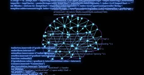 Glowing stylized neural-network brain graphic pulsing on black canvas, showing Stock Photos