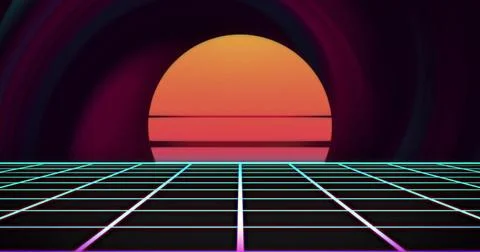Glowing stylized sun radiating orange-pink glow in retrofuturistic landscape, Stock Illustration