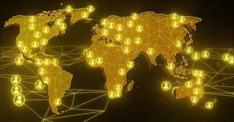 Glowing stylized world map showing network on dark backdrop, with triangular Illustrazione stock