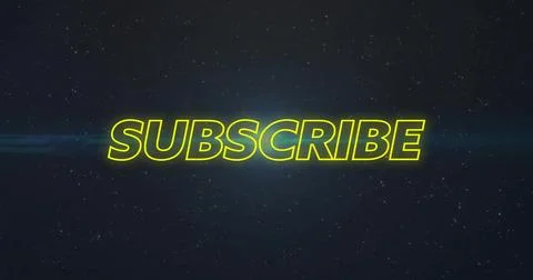 Glowing SUBSCRIBE word centered, emitting neon-yellow glow and blue lens flare Stock Illustration