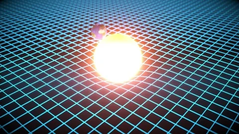 Glowing Sun and Earth on Grid Illustrating Space Time Curvature and Gravity Effe Video stock 301899751
