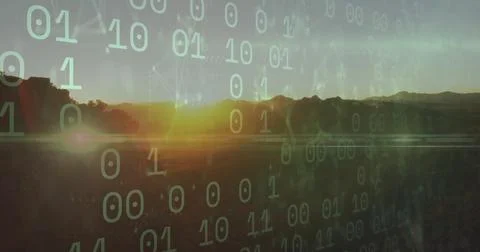 Glowing sun casting light on plain at sunset, with binary digits and network 스톡 사진