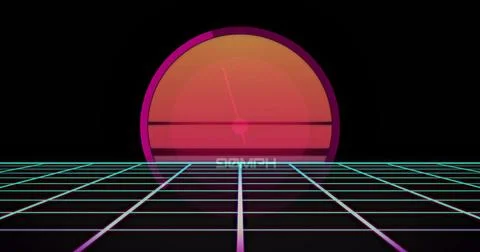Glowing sun disc rising in synthwave virtual landscape, reflecting on neon grid Stock Illustration