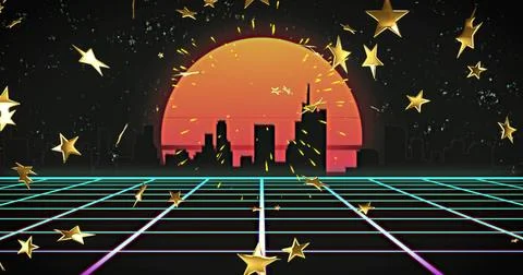 Glowing sun sinking behind black skyline in synthwave, neon grid converging, Stock Illustration