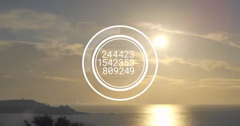 Glowing sun starting pulsing circular HUD overlaying sunset while extracting Stock Footage 310180385