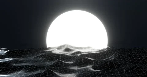 Glowing sunset in abstract dark mesh sea. White 3d render of sun disk plunges 스톡 동영상 155938089