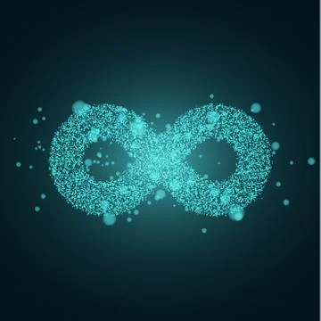 Glowing symbol of infinity from small blue particles. Glare bokeh and magical Illustrazione stock
