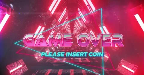 Glowing synthwave tunnel displaying 3D GAME OVER text at arcade, cyan PLEASE Stock Illustration