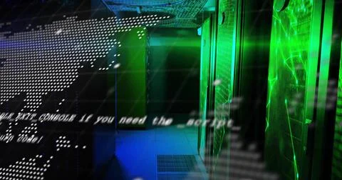 Glowing tall server cabinets lining data center corridor, with LED lights and Stock Photos