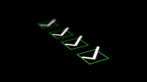 Glowing task approval icons visual green square outlines, white tick marks, dark Stock Footage 340556204