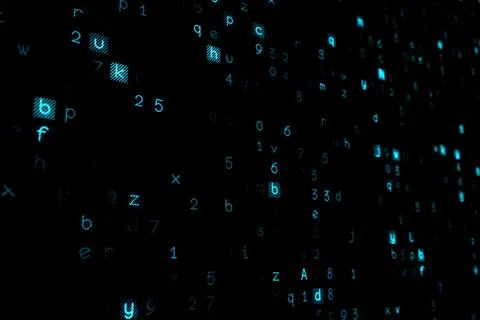 Glowing teal alphanumeric glyphs and pixel-like squares are being shown in data イラスト素材