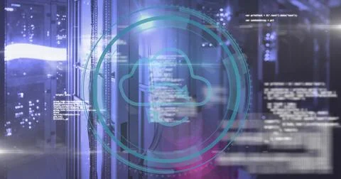 Glowing teal cloud computing graphic overlaying server racks and network cables, Stock Photos