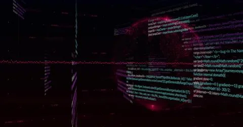 Glowing teal code block overlaying bright magenta particle cloud in virtual Stock Photos