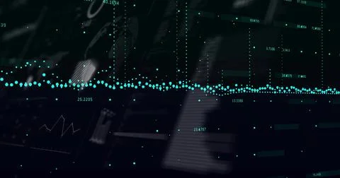 Glowing teal data point array spanning dark data dashboard, showing numeric 스톡 사진