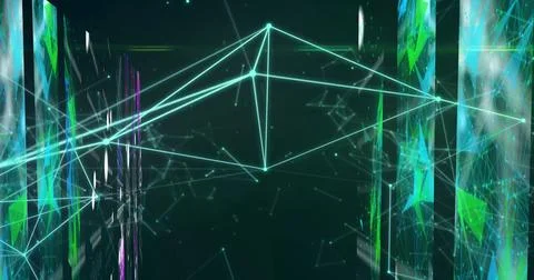 Glowing teal-green network structure pulsing in cyber interface, with nodes, Foto stock