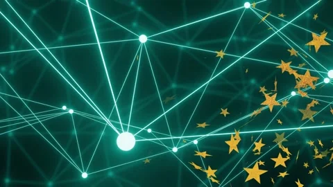 Glowing teal mesh pulsing moving as golden stars entering from right swirling Stock Footage 333975682