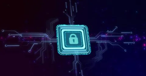 Glowing teal microchip module sending circuit traces across dark purple field, Illustrazione stock