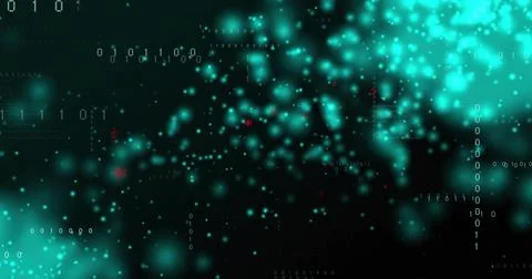 Glowing teal particle clusters drifting across data field, with binary digits, Stock Illustration