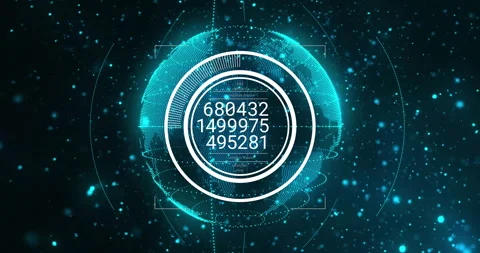 Glowing teal point-cloud Earth emerging from space, pulsing HUD rings and Stock Footage 312381100