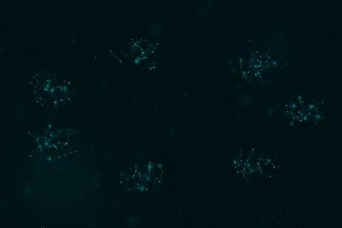 Glowing teal star clusters connected by delicate lines float across a deep .. Stock Illustration