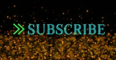 Glowing teal SUBSCRIBE text drawing focus on black backdrop, with green chevrons Stock Illustration