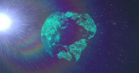 Glowing teal wireframe globe with nodes and lines rotating in space, displaying 스톡 일러스트