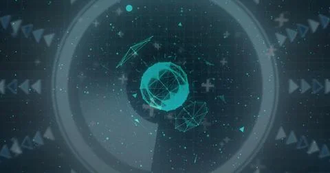 Glowing teal wireframe sphere floating in virtual UI, with nodes, plus symbols, 스톡 일러스트