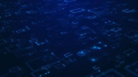 Glowing tech grid network visual blue square paths, floating nodes, and abstract Stock Footage 340576094