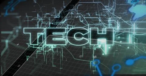 Glowing TECH label leading virtual grid casting circuitry, HUD overlays, globe Stock Illustration