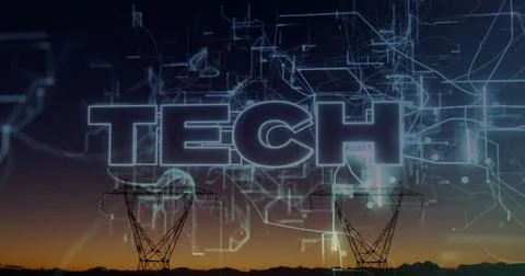Glowing TECH lettering shining over twilight mountain ridge with circuit lines Illustrazione stock