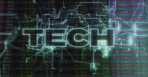 Glowing TECH logo reacting to live data feed driving circuits, ticker columns, Ilustración de archivo
