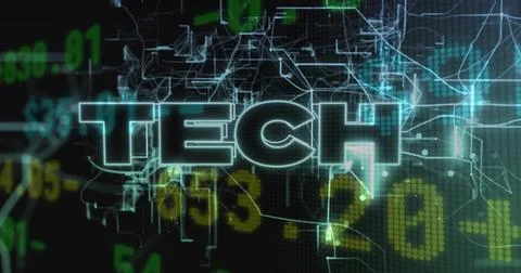 Glowing TECH text hovering over dark data grid, showing green yellow digits,  Foto stock