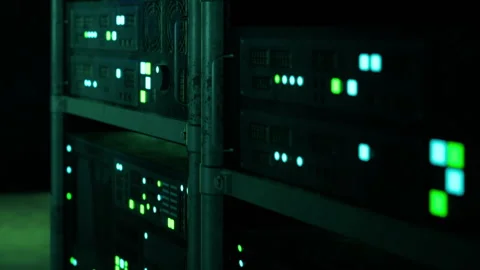 Glowing Technology in a Dimly Lit Data Center Exudes Vibrant Energy Stock Footage 347014132