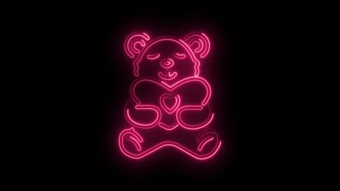 Glowing teddy bear holding heart neon sign on a black background animated Stock Footage 345991383