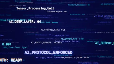 Glowing text with ai data processing on a screen, representing neural network Stock Illustration