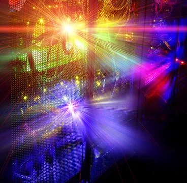 Glowing thread cables in disk storage supercomputer in data center Stock Photos