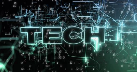 Glowing three-dimensional TECH text floating in virtual network, with binary Stock Illustration