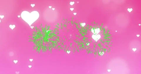 Glowing three neon-green firework bursts radiating on pink gradient backdrop, Illustrazione stock