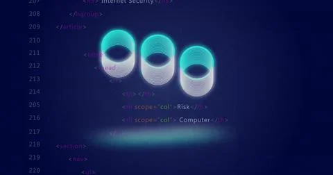 Glowing three torus rings hovering above teal glow in cyberspace, with HTML code 库存插图