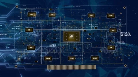 Glowing traces starting gold AI chip growing, modules snapping to PCB, pulses Video stock 337579254