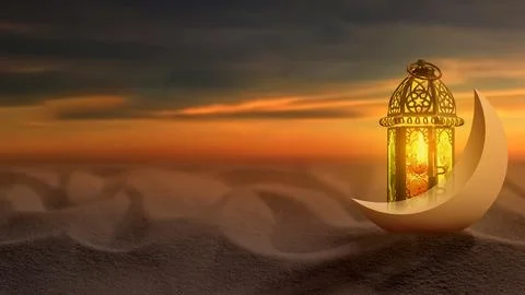 A glowing traditional Arabic lantern and golden crescent moon resting on de.. Stock Illustration