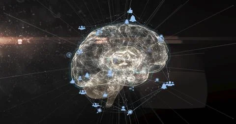 Glowing translucent 3D brain hologram sending radial lines in virtual space, Stock Photos