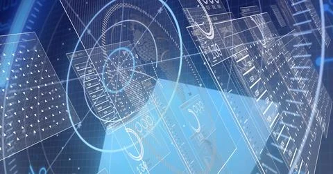 Glowing translucent blue prism intersecting floating holograms over grid plane Stock Illustration