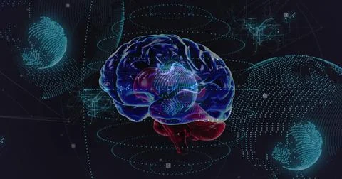 Glowing translucent brain model floating in virtual data space with globe Illustrazione stock