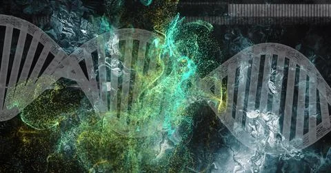 Glowing translucent DNA helix spanning dark abstract digital field, with teal Stock Illustration