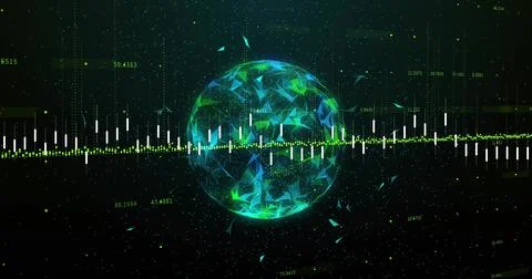 Glowing translucent globe floating in virtual dashboard, showing waveform, Stock Photos