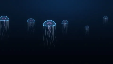 Glowing translucent jellyfish pulsing in deep blue water, 4K seamless loop Видео 347852601